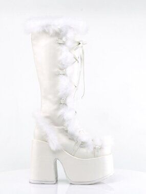 White Vegan Leather Knee-High Boots with Faux Fur Trim and Full Inner Side Zip